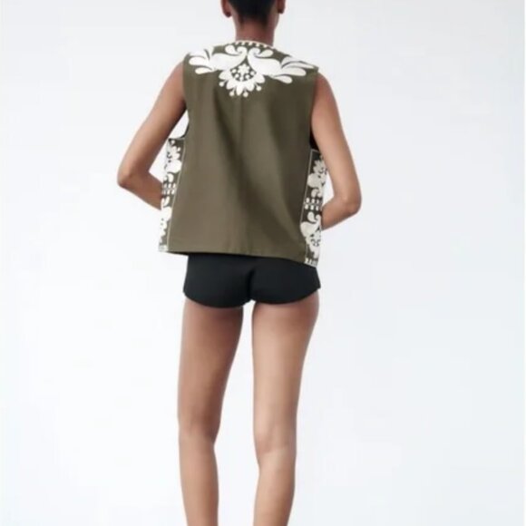 Zara CONTRAST EMBROIDERED VEST Olive Green/White Size M - Picture 9 of 16